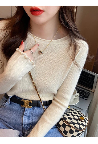 2025Oansatz Rippen Langarm Koreanische Dünne Weibliche Pullover Frauen Pullover Stricken Weiche Jumper Tops Geraffte Herbst Winter Tops