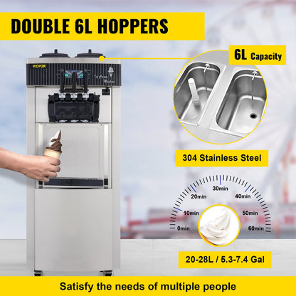 VEVOR Commercial Soft Ice Cream Machine,2200W 3 Flavors Ice Cream Maker,5.3 to 7.4 Gal per/H Auto Clean LCD Panel for Restaurant.