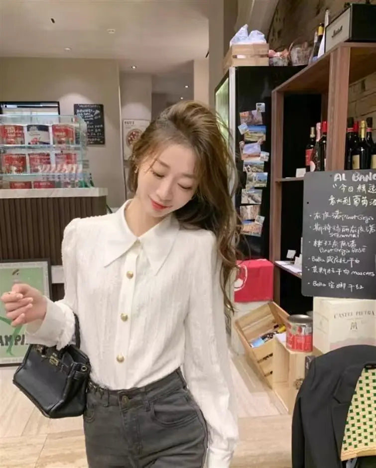 Women Clothing Spring Autumn Simplicity Office Lady Button White Polo Collar Women Shirts All-match Elegant Long Sleeve Cardigan.