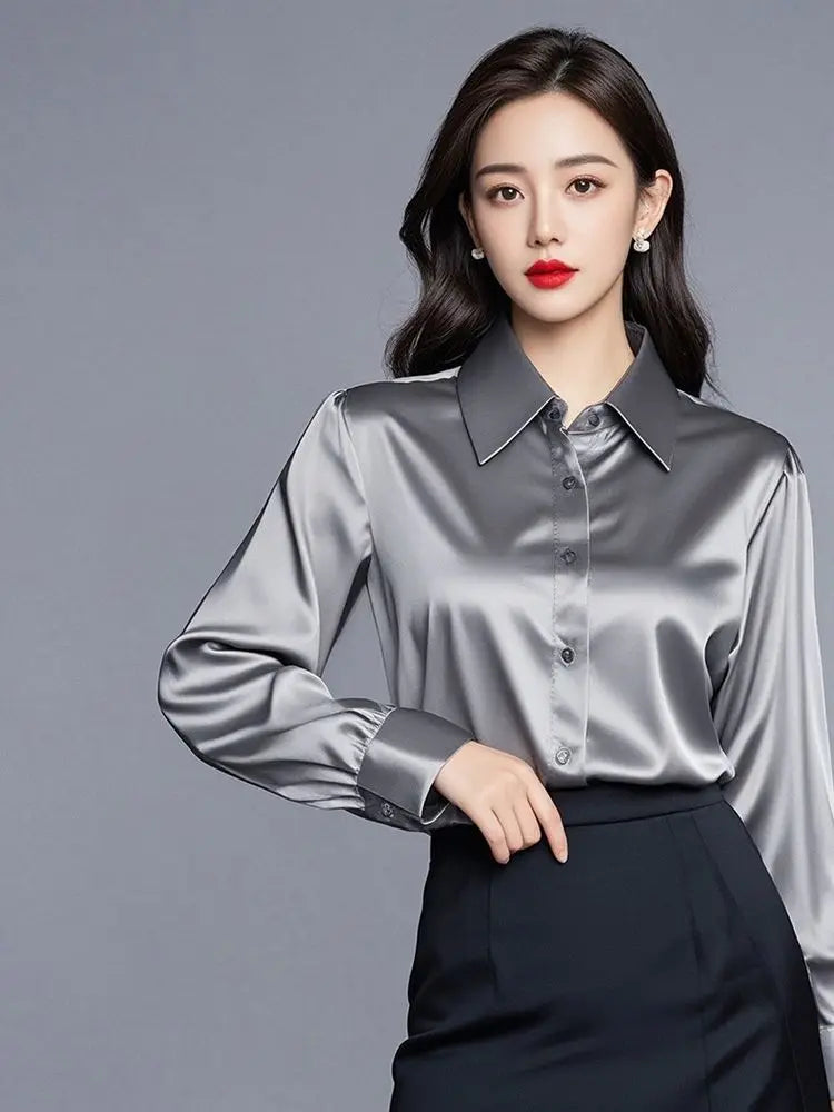 Elegant Silk Office Shirts Women Korean Fashion Y2k Clothes Slim Long Sleeve White Black Blusas Mujer Workwear Tops and Blouses