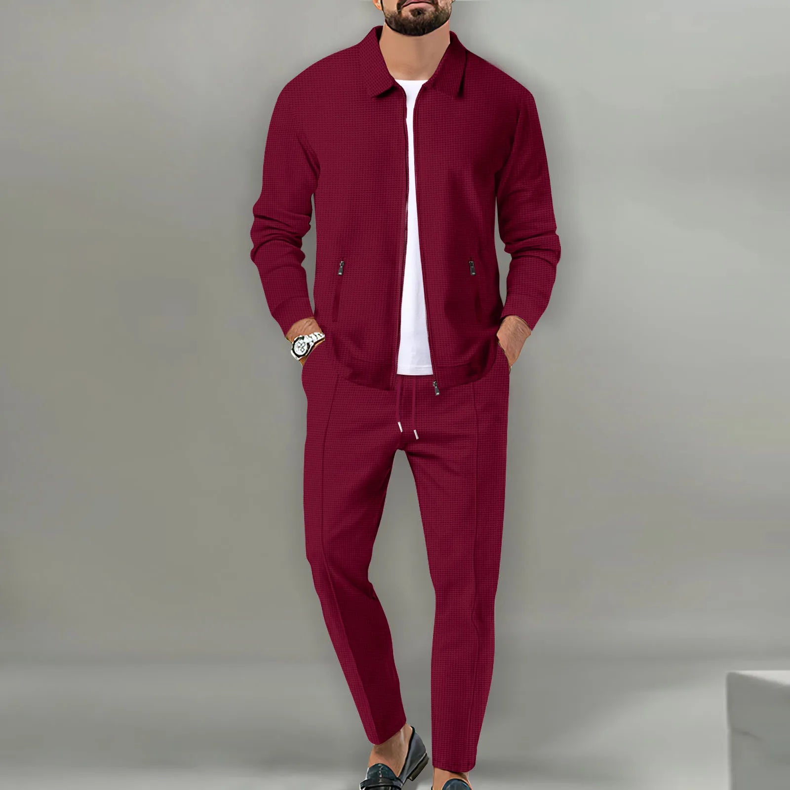 Men's Slim Fit Jacket with Zipper Pocket, Long Sleeved Sportswear, Cardigan Jacket Set, Long Pants, Elegant, two-Piece Set.