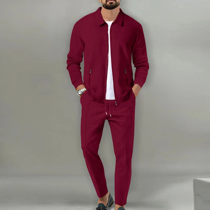 Men's Slim Fit Jacket with Zipper Pocket, Long Sleeved Sportswear, Cardigan Jacket Set, Long Pants, Elegant, two-Piece Set.