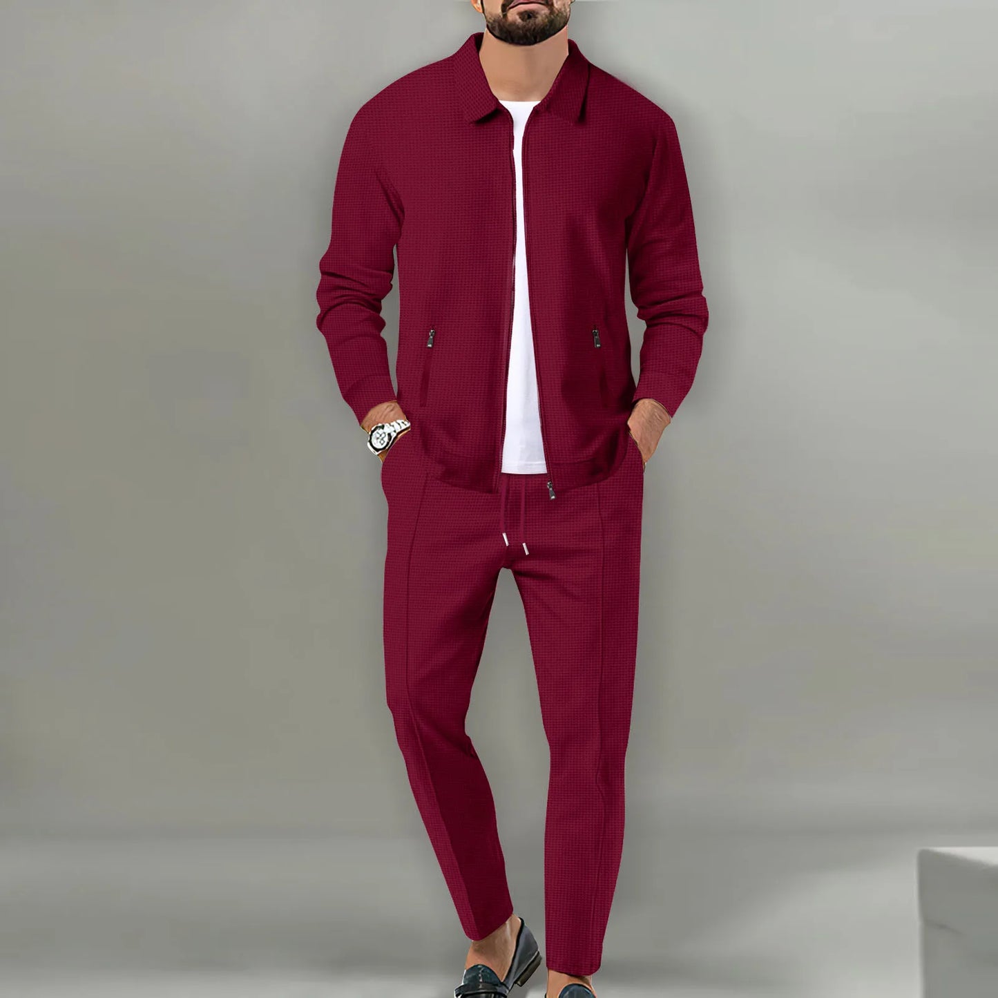 Men's Slim Fit Jacket with Zipper Pocket, Long Sleeved Sportswear, Cardigan Jacket Set, Long Pants, Elegant, two-Piece Set