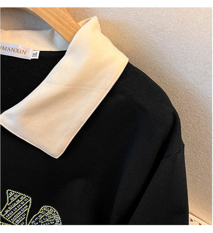 170 kg Plus Size Damen-Büste 170 Frühling Herbst Loose Diamond Collared Sweatshirt Schwarz 4XL 5XL 6XL 7XL 8XL 9XL