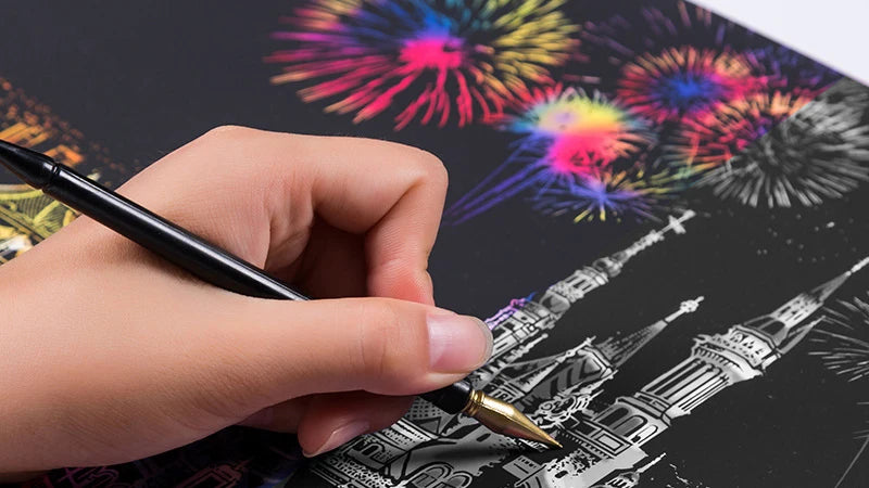 4PCS Scratch Art Paper World Landmarks Animals Painting Toy with Stylus Stress Relief Drawing Kids Adult Gift Glow in Dark Craft.