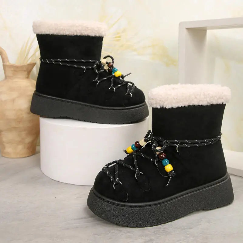 Chunky Platform Non Slip Furry Snow Boots Women 2025 Winter Soft Thick Bottom Warm Plush Ankle Boots Colorful Bead Lace Up Shoes.