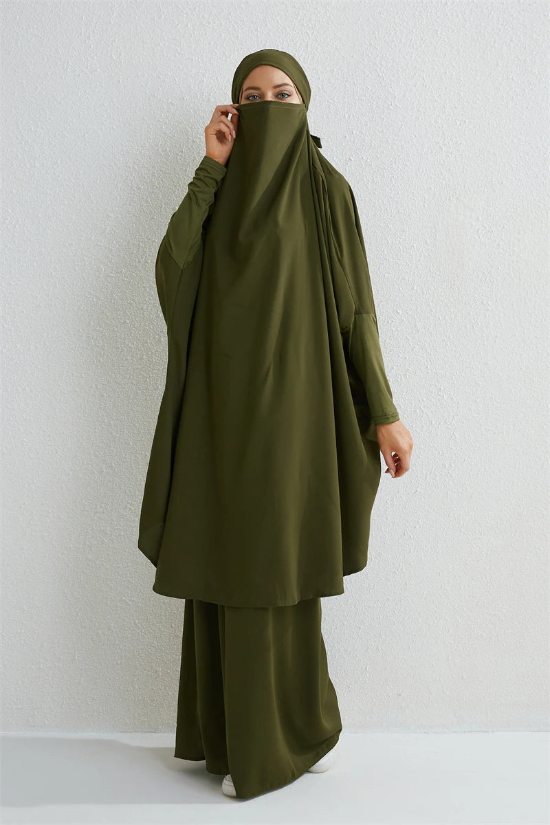 Muslim Sets Two Pieces Prayer Clothing Long Hooded Smocking Sleeve Shirts Hijab Loose Maxi Skirts Elastic Waist Women Abaya Sets.