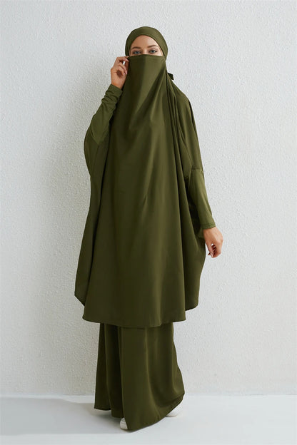 Muslim Sets Two Pieces Prayer Clothing Long Hooded Smocking Sleeve Shirts Hijab Loose Maxi Skirts Elastic Waist Women Abaya Sets.