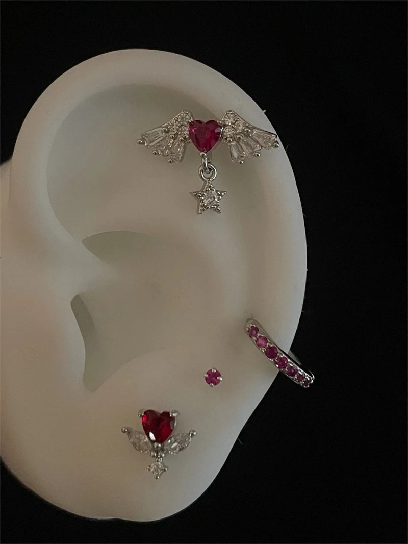 New Trendy Shiny Rose Red Color Zircon 316L Stainless Steel Ear Bone Nail Y2K Gothic Love Heart Small Earrings for Women Jewelry.