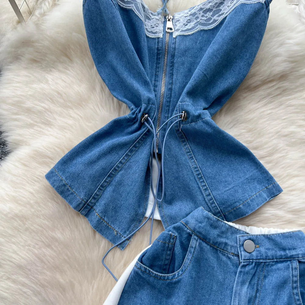 Denim Two Piece Sets Women Jeans Suit Lace Y2k Top Wide Leg Pants Zipper Lace Up Patchwork Trousers Outfits Ensemble Summer 2025.