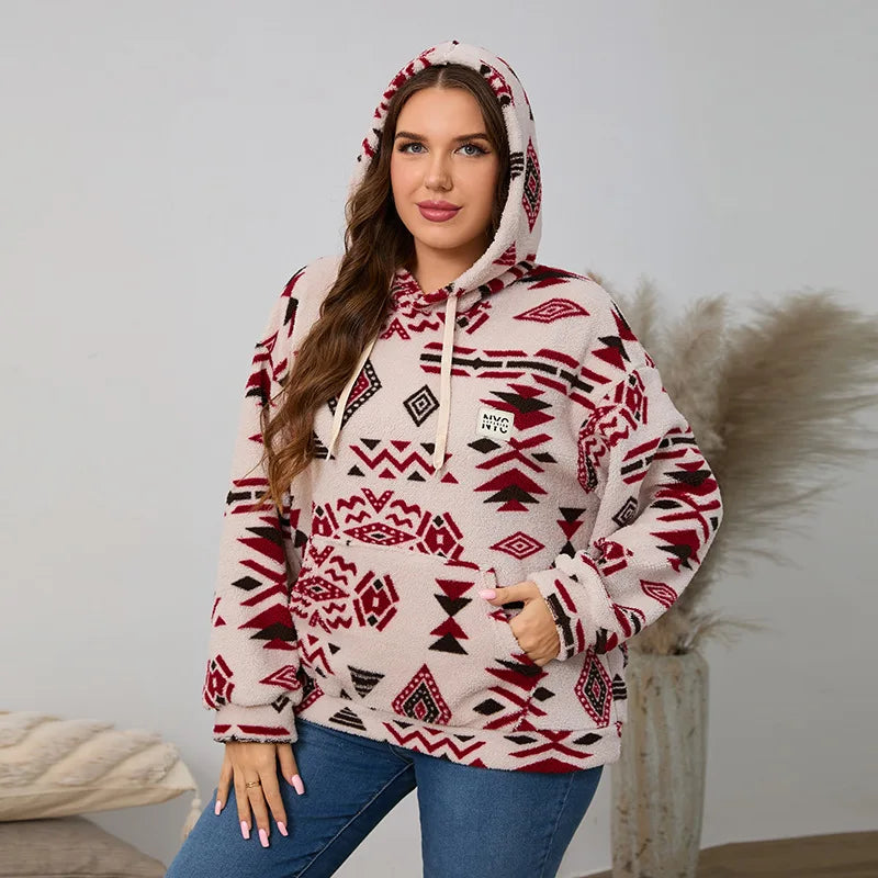 Kapuzenpullover für Damen, große Größe, Reißverschluss-Sweatshirts, ethnischer Druck, flauschiger Streetwear-Pullover, Herbst-Winter-Rollkragenpullover.