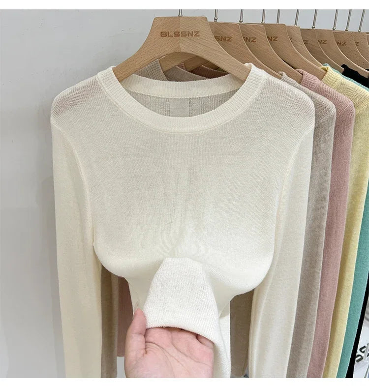 Spring  Basic O-Neck Slim T-Shirt Women Solid Multi Color All-Match Trend Casual Top Screw Knit Long Sleeve Elastic Office Lady.
