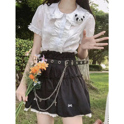 Deeptown Kawaii Lolita Blouses White Women Cute Lace Tops Ruffle Shirts Vintage Puff Sleeve Japanese Preppy Style Sweet Tops.