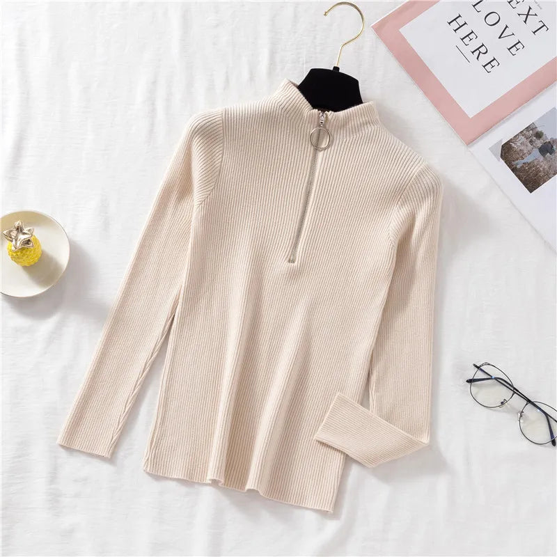 Spring Autumn Skinny Elastic Knitted Shirt Women Pullover Sweater Tops Female Long Sleeve Slim Mock Neck Knit Bottoming Shirts.