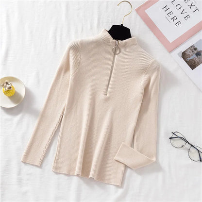 Spring Autumn Skinny Elastic Knitted Shirt Women Pullover Sweater Tops Female Long Sleeve Slim Mock Neck Knit Bottoming Shirts.