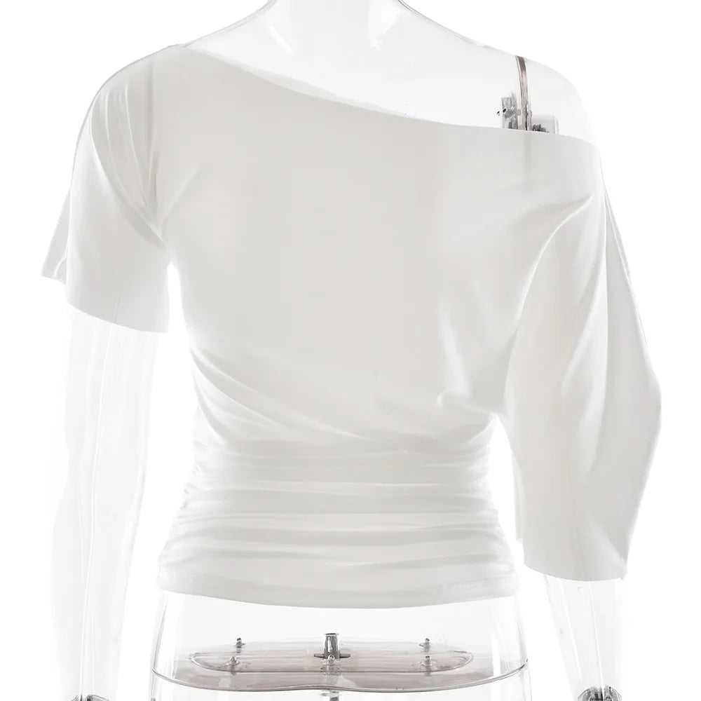 Cryptographic One Shoulder Ruched Asymmetrical Tops for Women Outfits Sexy Short Sleeve Casual Tops Slim T-shirts Summer Clothes.