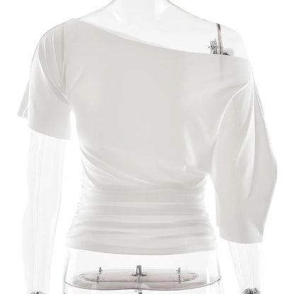 Cryptographic One Shoulder Ruched Asymmetrical Tops for Women Outfits Sexy Short Sleeve Casual Tops Slim T-shirts Summer Clothes.
