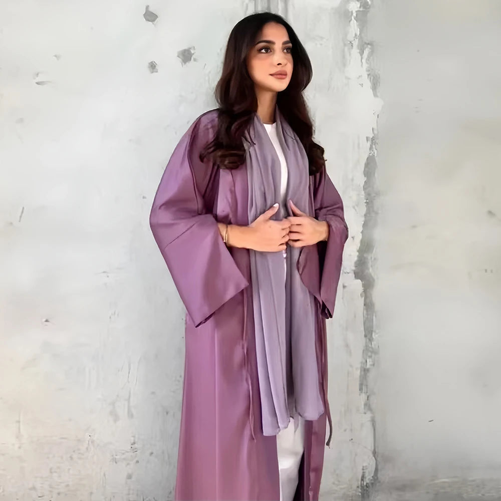 Girl Muslim Palestine Kaftan Dress Open Satin Kimono Pink Abaya Women Dubai Clothing Kebaya Robe Caftan Marocain Femme Musulmane.