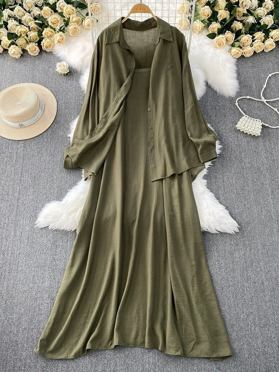 Muslim Women Shirt Dress Two Piece Set Solid Modest Suits Ramadan Musulman Ensemble Morocco Dubai Abayas Islam Outfits Jalabiya.