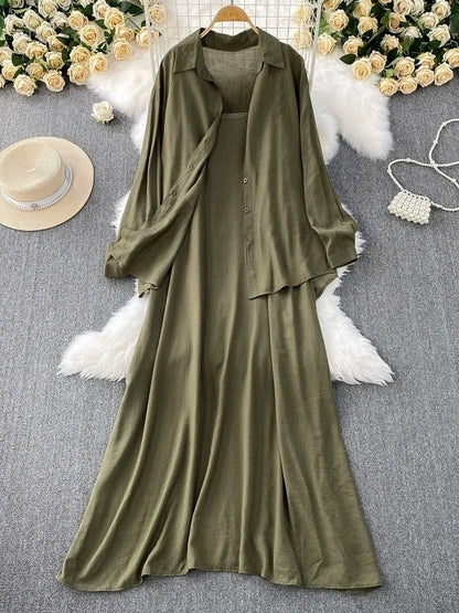 Muslim Women Shirt Dress Two Piece Set Solid Modest Suits Ramadan Musulman Ensemble Morocco Dubai Abayas Islam Outfits Jalabiya.