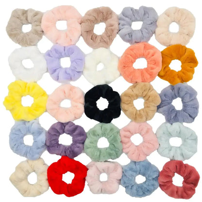 6pc Hair Scrunchies Furry Elastic Band Women Girl Ponytail Holder Rubber Ties Accessories Plush Faux Fur Soft Chiffon Headband.