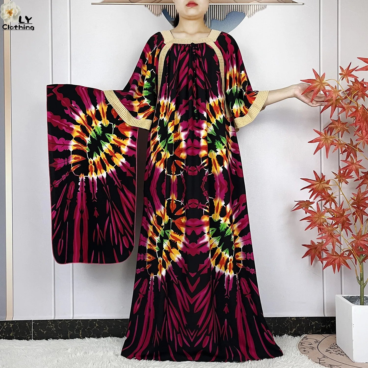 New Muslim Dress Woman Short Sleeve Dashiki African Abaya Tie-dyed Printing Cotton Loose Femme Robe Islamic Dresses With Scarf.