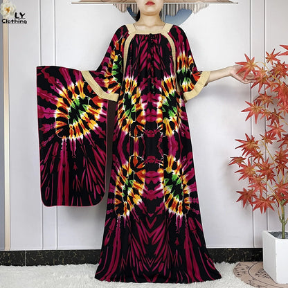 New Muslim Dress Woman Short Sleeve Dashiki African Abaya Tie-dyed Printing Cotton Loose Femme Robe Islamic Dresses With Scarf.