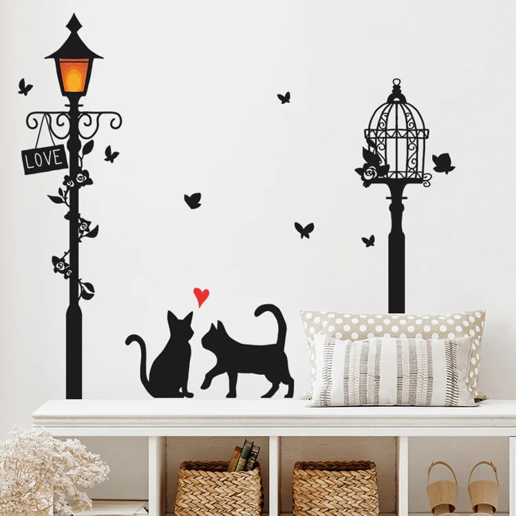 Cartoon Street Lamp Cat Wall Sticker Living Room Entrance Background Home Decoration Bedroom Decor Decal Self Adhesive Wallpaper.