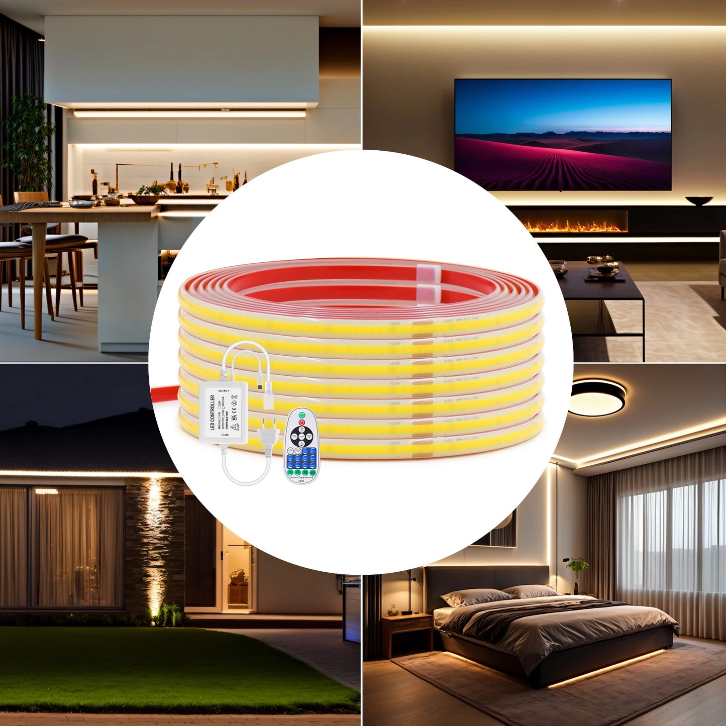 COB LED Strip Dimmable 220V 288LEDs/m Wall Touch Wifi Bluetooth Remote Control Power Kit Waterproof Silicone Tube Adhesive Tape.