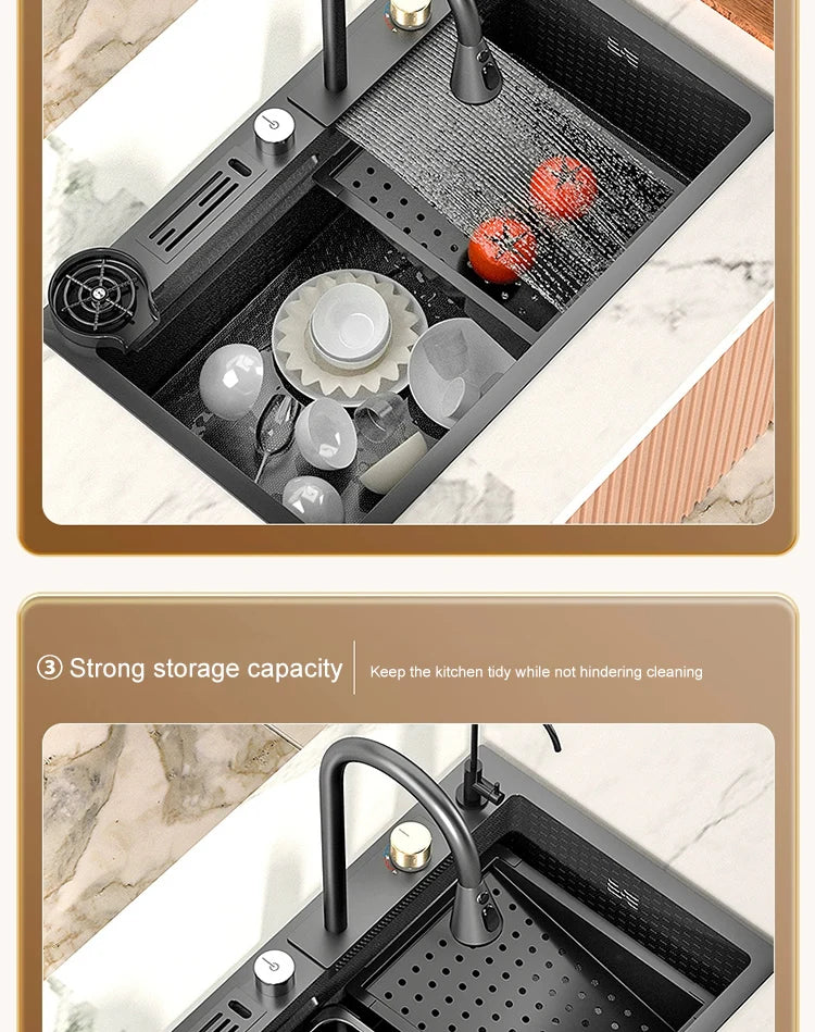 Large Single Slot Embossed Stainless Steel Waterfall Kitchen Sink  Household Wash basin Dishwashing  Sink For Kitchen