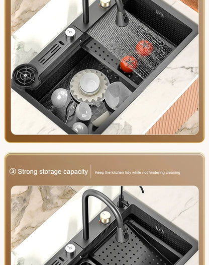 Large Single Slot Embossed Stainless Steel Waterfall Kitchen Sink  Household Wash basin Dishwashing  Sink For Kitchen