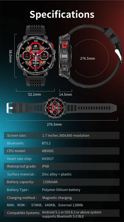 2025 New Military T-Rex 3 Smart Watch Men 1100mAh Battery AMOLED  IP68 Waterproof Outdoor Compass Bluetooth CallSport Smartwatch