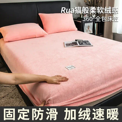 Warm Plush Fitted Sheet Elastic Mattress Cover Fluffy Velvet Fleece Bed Linen Couple Thermal Double Bed Not Included Pillowcase