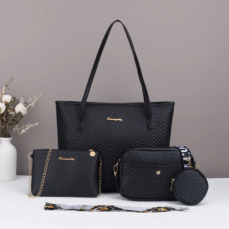 Wave pattern daily commuting large capacity tote bag handbag four piece set fashion trend personality change camera bag.