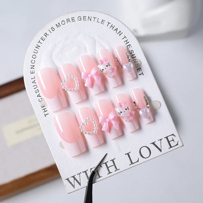 24Pcs Long Square Pink Hello Kitty False Nails French Wearable Full Cover Fake Nails Kitty Cat Bow Heart Design Press On Nails.