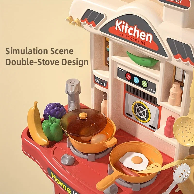 Children Realistic Simulation Kitchen Play Cooking Toys Set Simulation Table Utensils Light Sound Gift for Girls Boys Age Over 3.