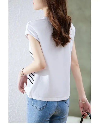 Color Block Striped Slimming T Shirt Women Casual Short Sleeve Top.