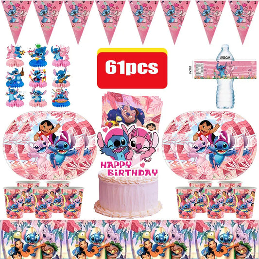 Lilo und Stitch Geburtstagsparty-Dekorationen, Geschirr, Tassen, Teller, Servietten, Kuchendekoration, Geschenktüten, Hintergrund für Kinder, Partyzubehör.