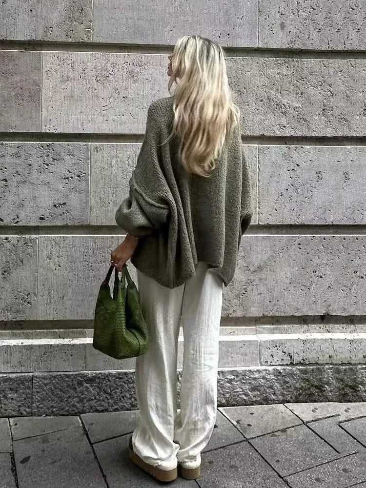 TRAF Women's Bat Sleeve Cardigan Sweater Temperament Lapel Metal Button Decoration Fashion Jacket Casual Commuter Women's Tops.