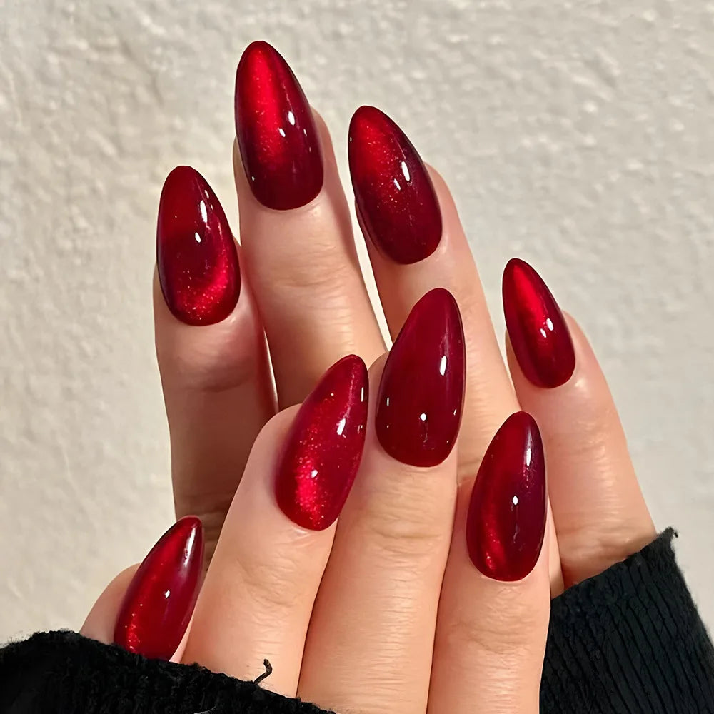 24pcs Glossy Red Cat's Eye Press On Nails Full Cover Nude Color Wearable Almond False Nails Charms Detachable Fake Nail For Girl.