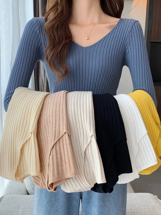 2025 einfarbig Schlank Pullover Koreanische Herbst Winter V-ausschnitt Pullover Mode Lässig Langarm Gestrickte Pullover Frauen Kleidung