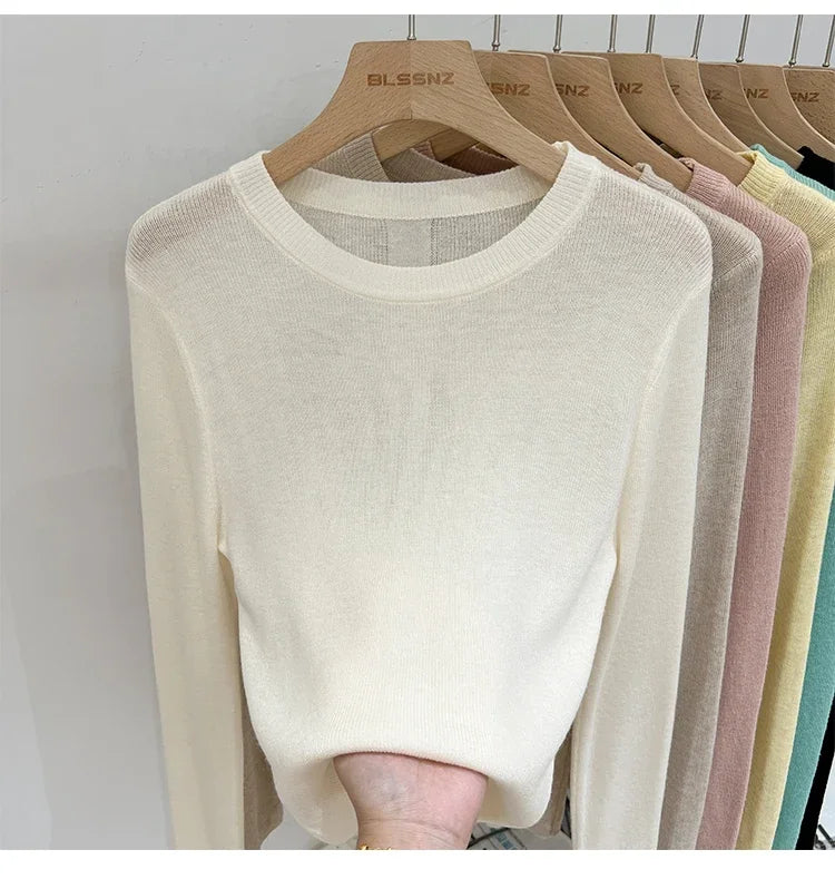 Spring  Basic O-Neck Slim T-Shirt Women Solid Multi Color All-Match Trend Casual Top Screw Knit Long Sleeve Elastic Office Lady.
