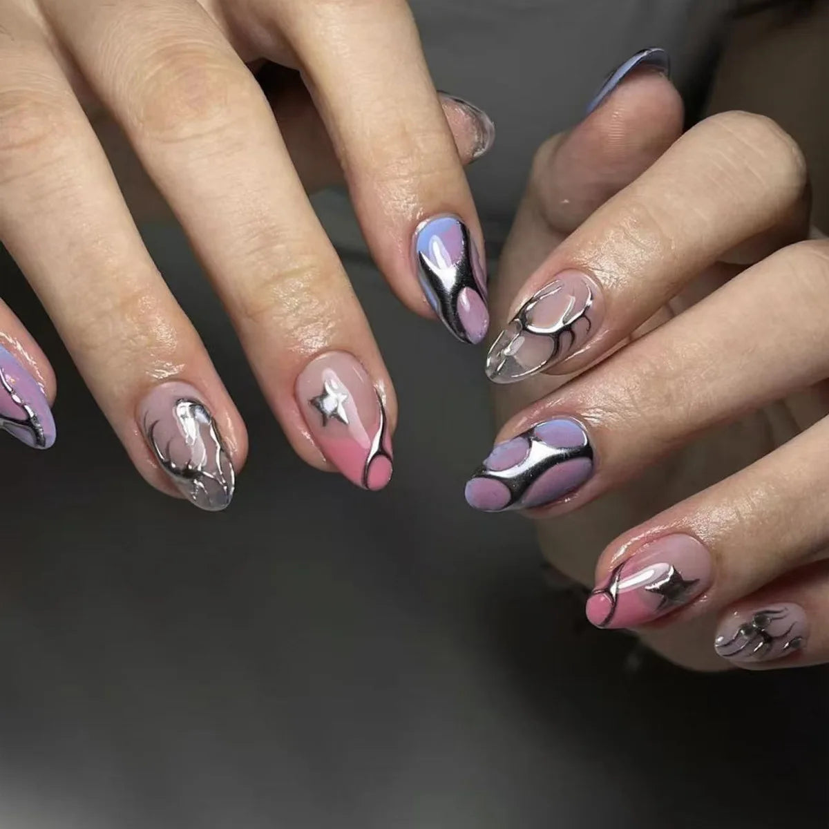 24Pcs False Nails Spicy Girl Silver Bow with Diamond Fake Nails with Glue Almond Press on Nails Black Cool Y2k Almond Nail Set