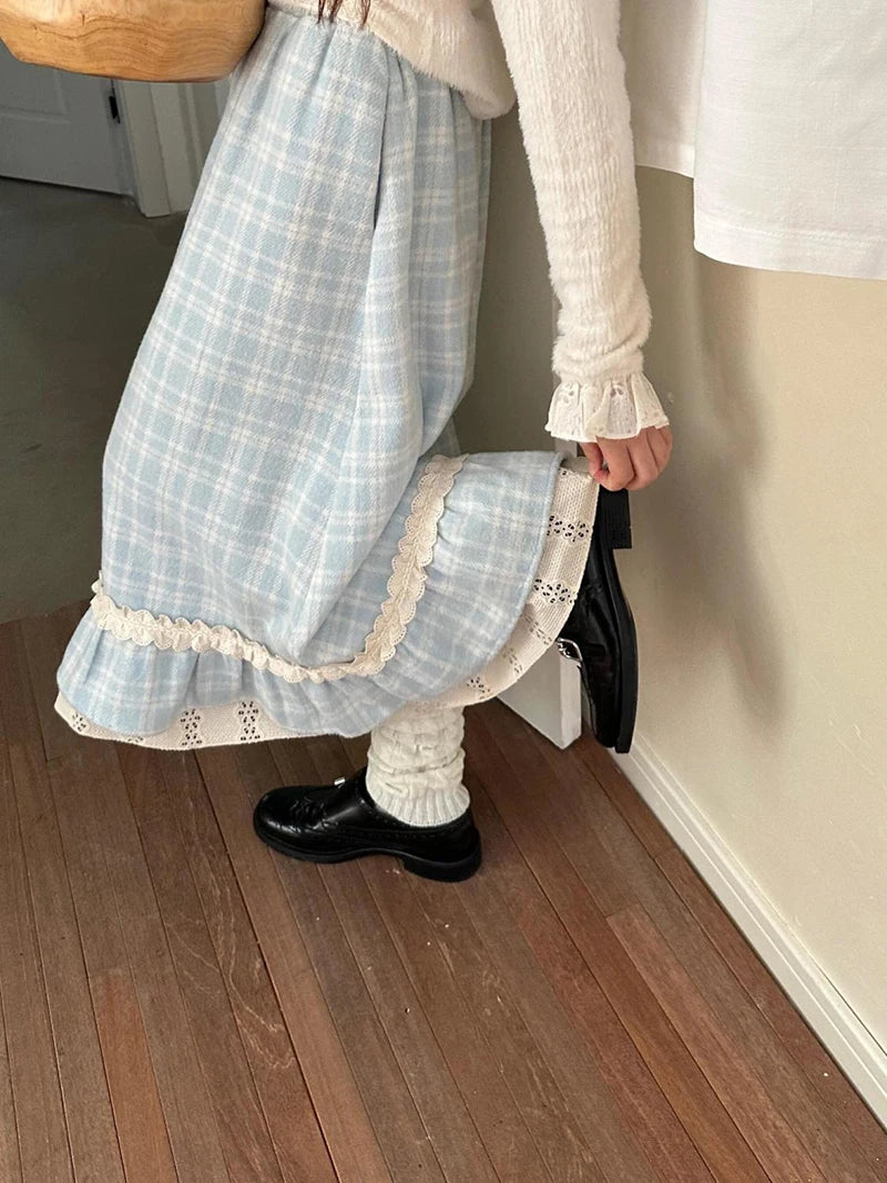 Japanese Sweet Long Skirt Women Fall Winter Blue Plaid Vintage Preppy Patchwork Skirts High Waist A Line Loose Casual Cute Skirt.
