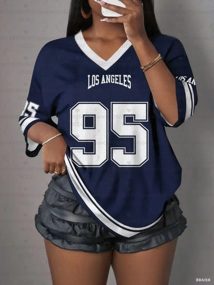 Women's Los Angeles NO.95 Print V-Neck Short Sleeve Hole Mesh T-Shirt Summer Tee Baseball Jerseys Plus Size Men's Sport T-Shirt.