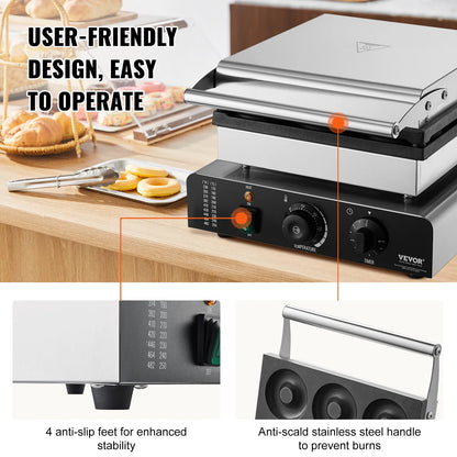 SucceBuy Electric Donut Maker Commercial Doughnut Machine with Non-stick Surface Double-Sided Heating Waffle Doughnut Machine.
