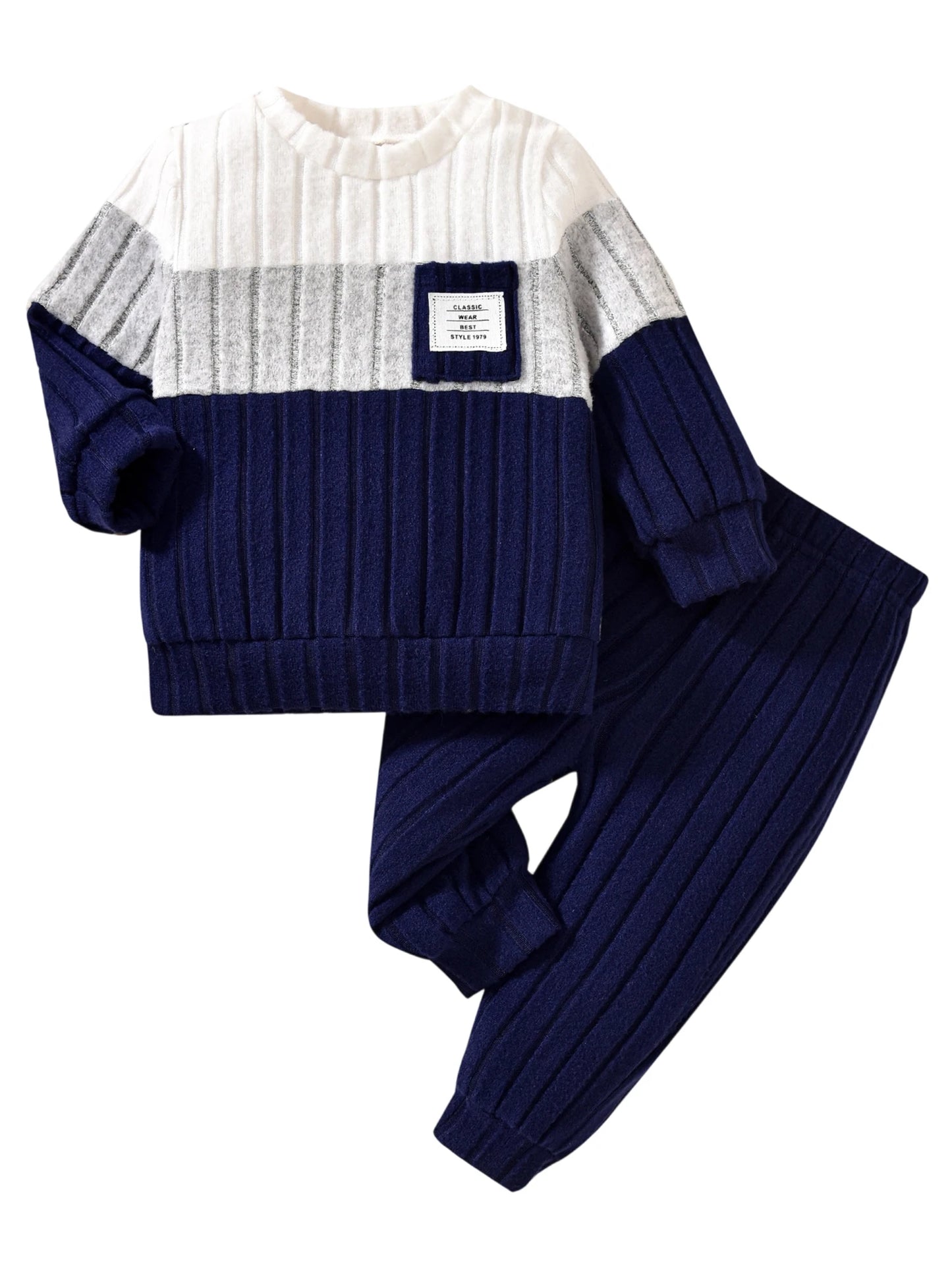 VISgogo 0-3 Years Boys Fall 2Pcs Clothes Sets Long Sleeve O Neck Patchwork Pullover Solid Color Pants.