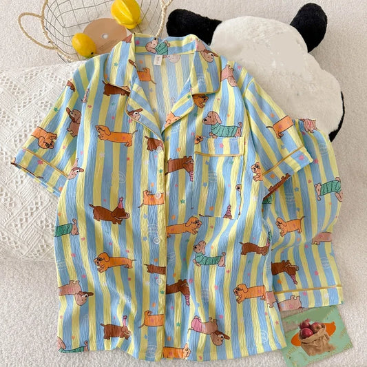 Stern Gestreiften Hund Druck Kawaii Pyjamas für Frauen Y2K Mode Revers Hals frauen Pyjamas Sommer Neue Süße Nette Hause tragen Frau