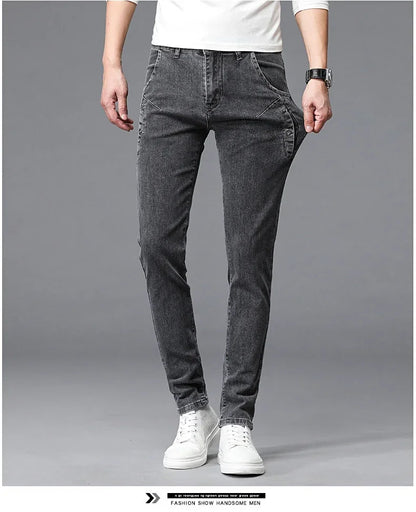2024 New Men's Skinny Jeans Blue Gray Cotton Elasticity Straight Pencil Foot Slim Fit Fashionable Casual Denim Long Pants Male