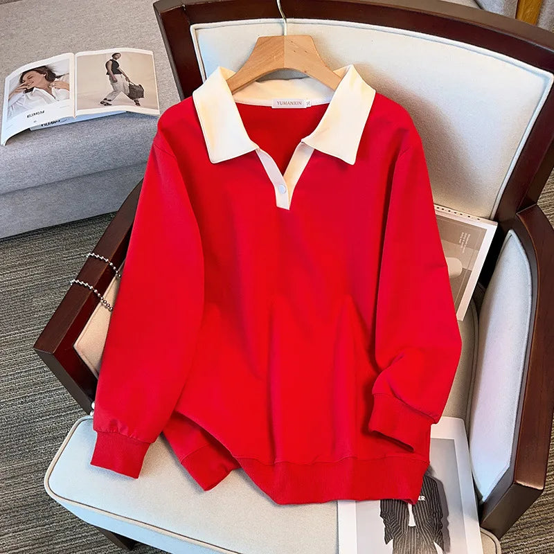 170kg plus size Damen büste Herbst lose Revers Langarm Sweatshirt schwarz rot 6xl 7xl 8xl 9xl 10xl 11xl